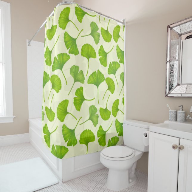 Ginkgo pattern on off white shower curtain (In Situ)