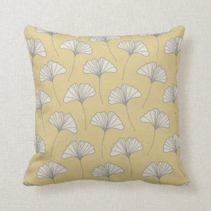 Ginkgo Tree Leaf Pattern Yellow Grey and Cream Cushion