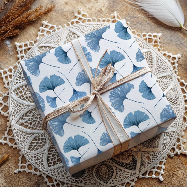 Ginkgo Tropical leaf blue and white pattern  Wrapping Paper (Creator Uploaded)