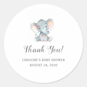 Gir Baby Shower Stickers, Baby Elephant Thank You, Classic Round Sticker