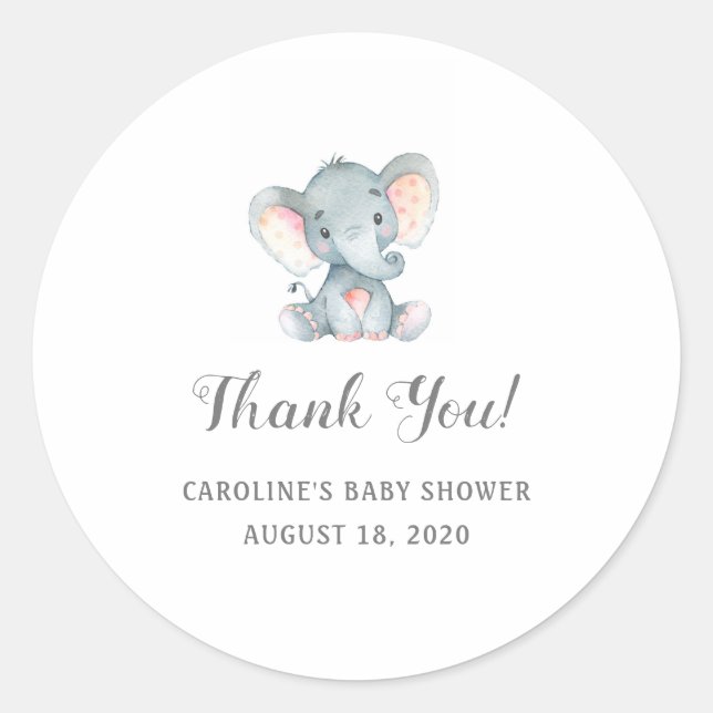Gir Baby Shower Stickers, Baby Elephant Thank You, Classic Round Sticker (Front)