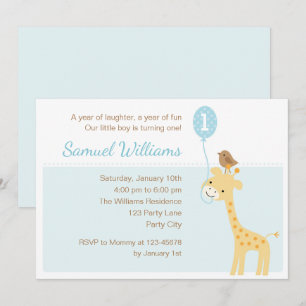 Giraffe 1st Birthday Invitations (Boys Balloon)