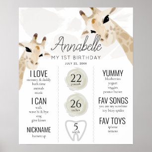 Giraffe 1st Birthday Milestone White Poster