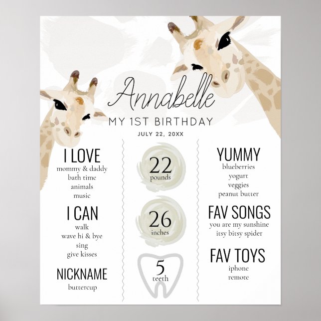 Giraffe 1st Birthday Milestone White Poster (Front)