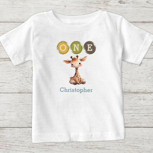 Giraffe 1st Birthday one with name blue Baby T-Shirt