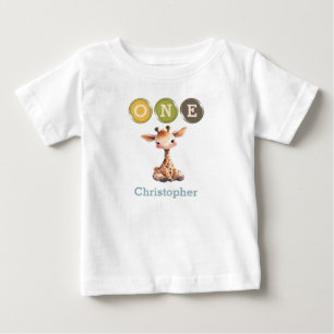 Giraffe 1st Birthday one with name blue Baby T-Shirt