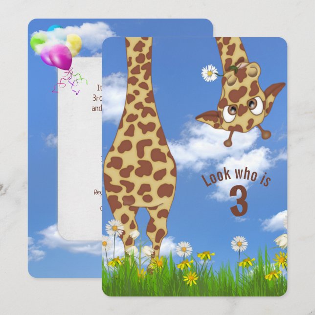 Giraffe 3rd Birthday Party Invitation (Front/Back)