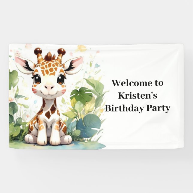 Giraffe Adventure Watercolor Safari Birthday  Banner (Horizontal)