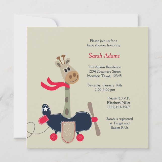Giraffe Aeroplane Baby Shower Invitation (Back)
