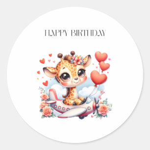 Giraffe Aeroplane Birthday Classic Round Sticker