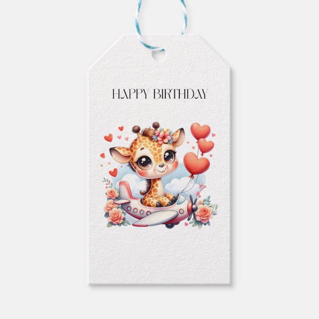 Giraffe Aeroplane Birthday Gift Tags (Front)