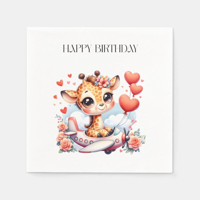 Giraffe Aeroplane Birthday Napkin (Front)