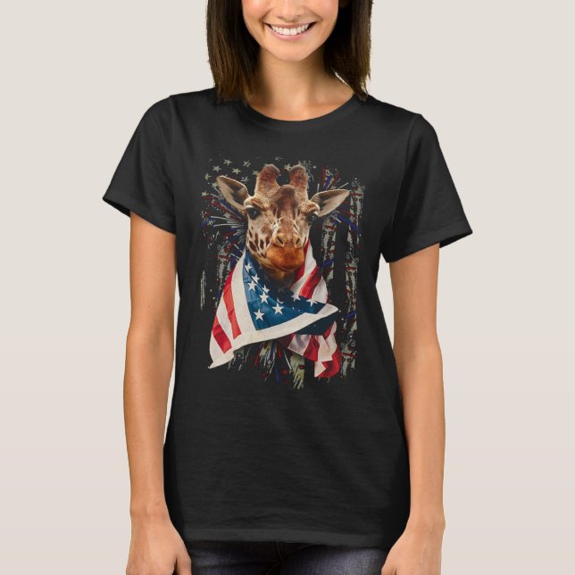 Giraffe American Flag 4th July Independence Americ T-Shirt (Front)