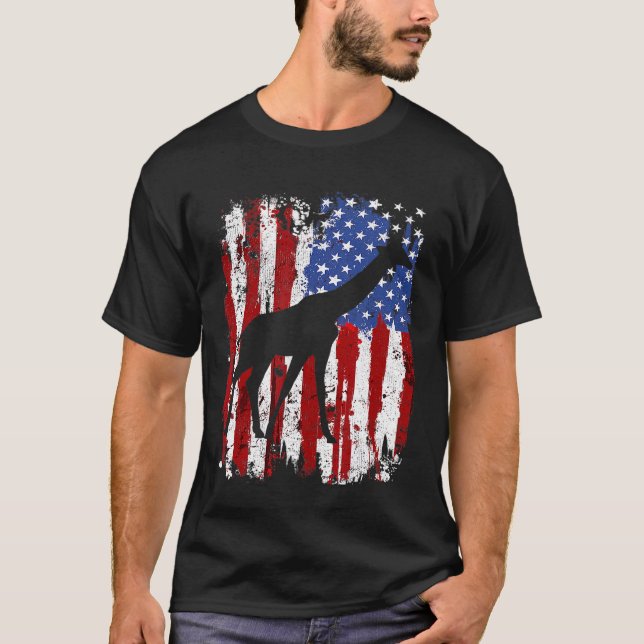 Giraffe  American Flag T-Shirt (Front)
