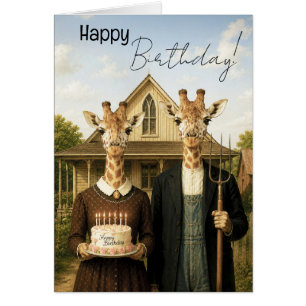 Giraffe American Gothic Farmstead Happy Birthday