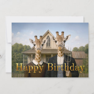 Giraffe American Gothic Farmstead Happy Birthday Card
