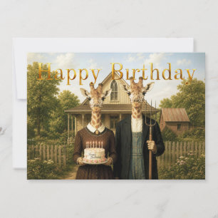 Giraffe American Gothic Farmstead Happy Birthday Card