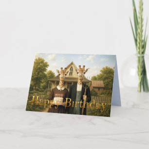 Giraffe American Gothic Farmstead Happy Birthday Card
