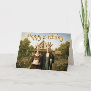 Giraffe American Gothic Farmstead Happy Birthday Card