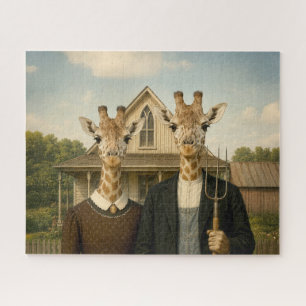Giraffe American Gothic Farmstead Jigsaw Puzzle