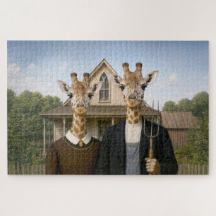 Giraffe American Gothic Farmstead Jigsaw Puzzle