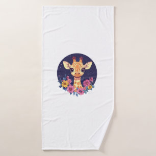 Giraffe Among Flowers Under Starry Night Charm Bath Towel