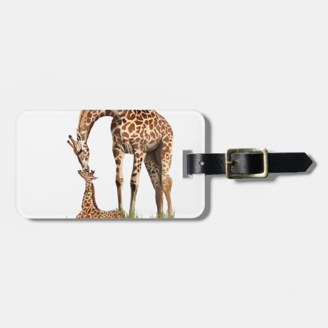 Giraffe and baby calf kissing luggage tag (Front Horizontal)