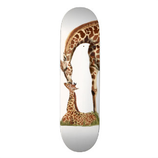 Giraffe and baby calf kissing skateboard