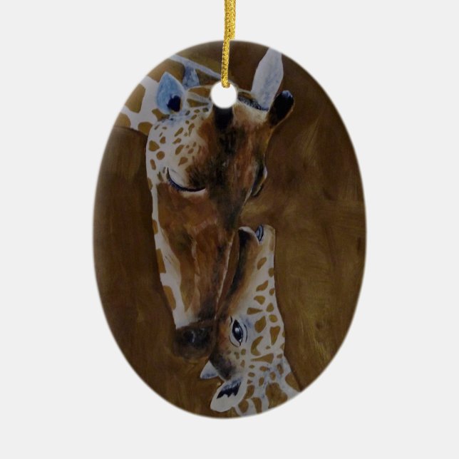 Giraffe and Baby Ceramic Oval Ornament (Front)