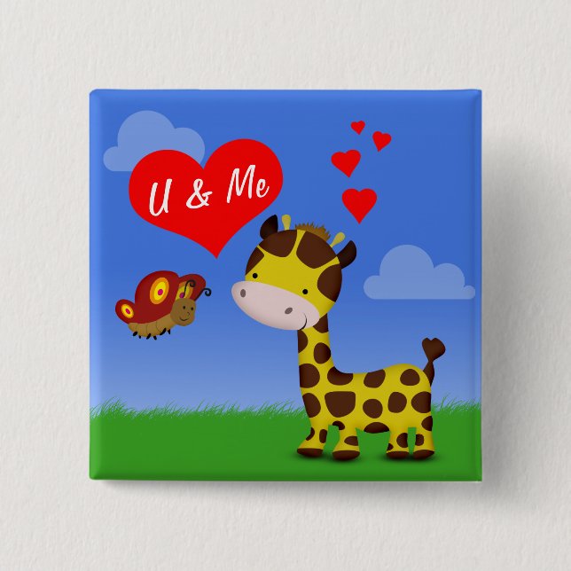 Giraffe and Butterfly in Love 15 Cm Square Badge (Front)
