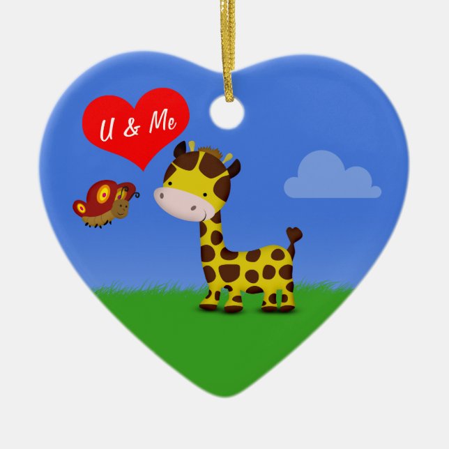 Giraffe and Butterfly in Love Ceramic Tree Decoration (Front)