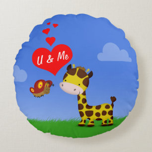 Giraffe and Butterfly in Love Round Cushion