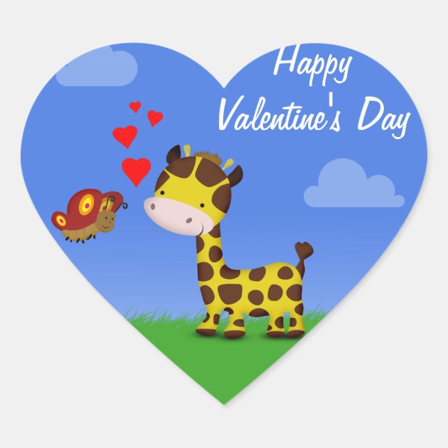 Giraffe and Butterfly Valentine's Day Heart Sticker (Front)