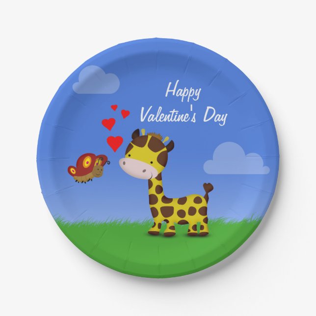 Giraffe and Butterfly Valentine's Day Paper Plate (Front)