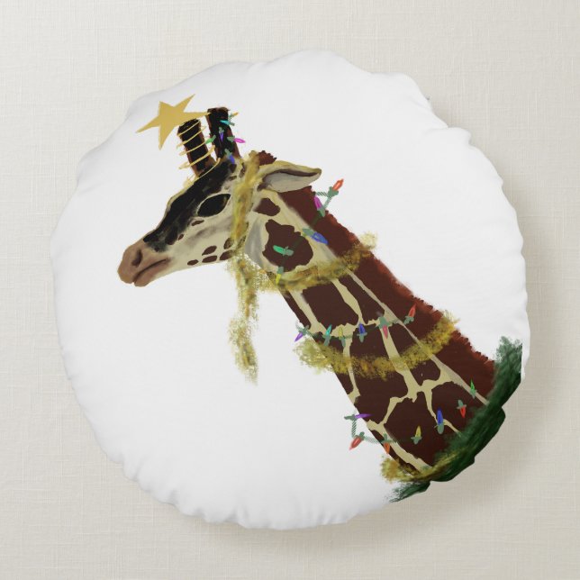 Giraffe and Christmas-decorated Giraffe Round Cushion (Back)