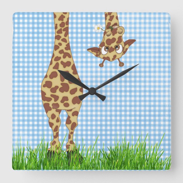 Giraffe and Daisy on Blue Gingham Square Wall Clock (Front)