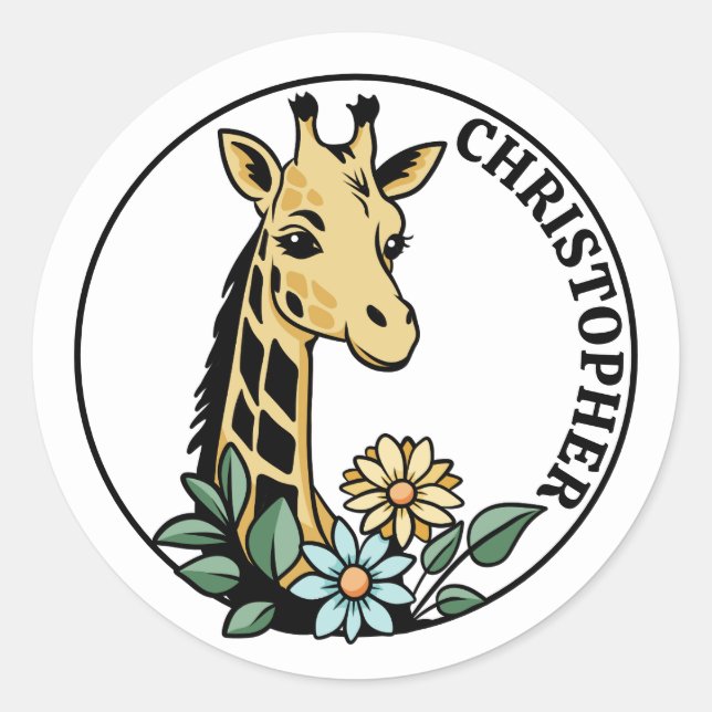 Giraffe And Flowers Custom Name Classic Round Sticker (Front)