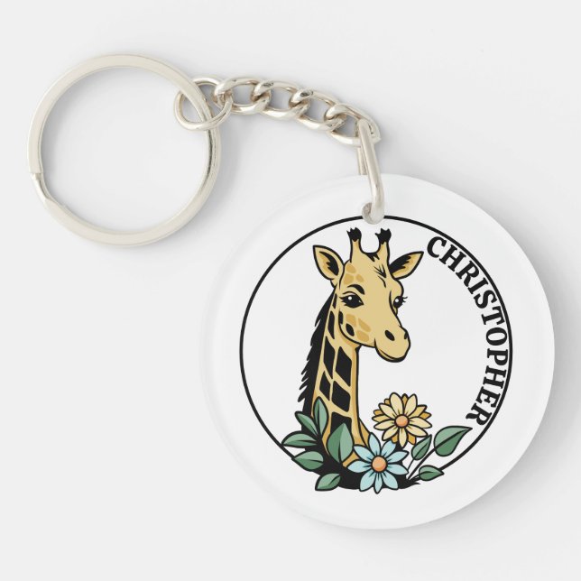 Giraffe And Flowers Custom Name Key Ring (Front)