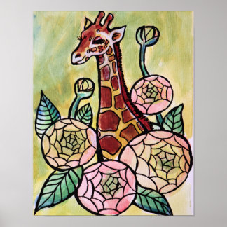 Giraffe and Flowers Giraffes illustration floral Poster