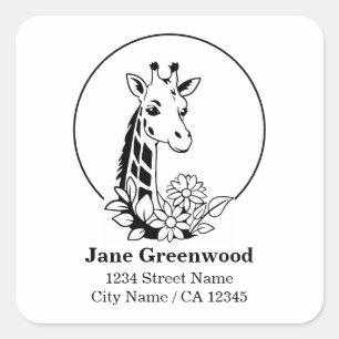 Giraffe And Flowers Name And Address Square Sticker
