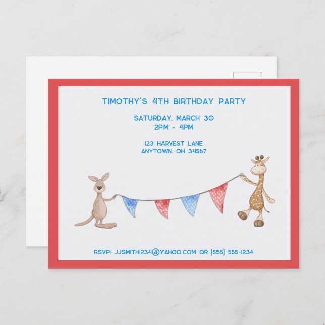 Giraffe and Kangaroo Customisable Birthday Party Invitation Postcard (Front/Back)