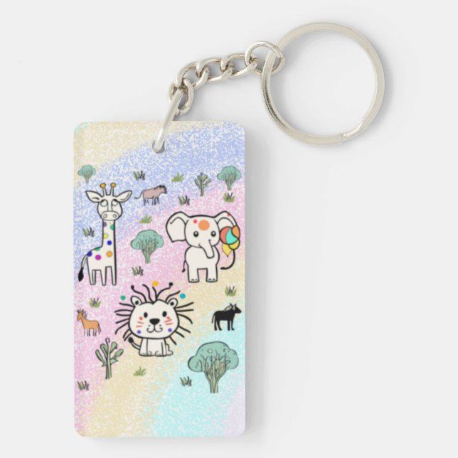 Giraffe and Lion and Elephant and Grass Key Ring (Back)