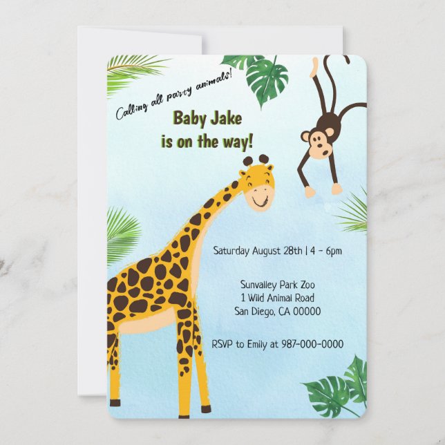 Giraffe and Monkey Safari or Zoo Party Animal Invitation (Front)