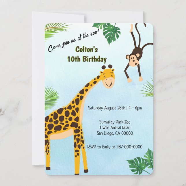 Giraffe and Monkey Safari or Zoo Party Invitation (Front)