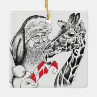 Giraffe and Santa Claus Ceramic Ornament