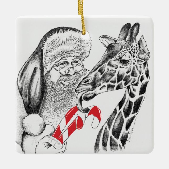 Giraffe and Santa Claus Ceramic Ornament (Front)