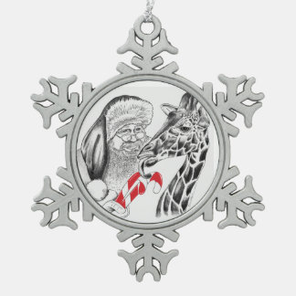 Giraffe and Santa Claus Snowflake Pewter Christmas Ornament
