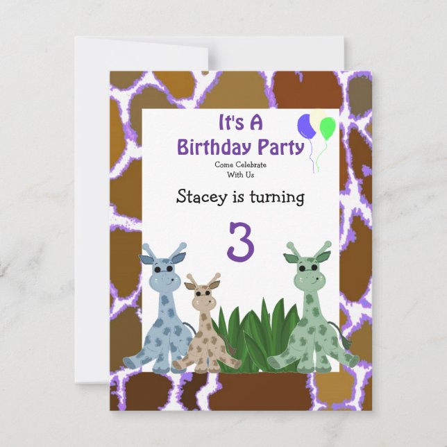 Giraffe Animal Birthday Invitation (Front)