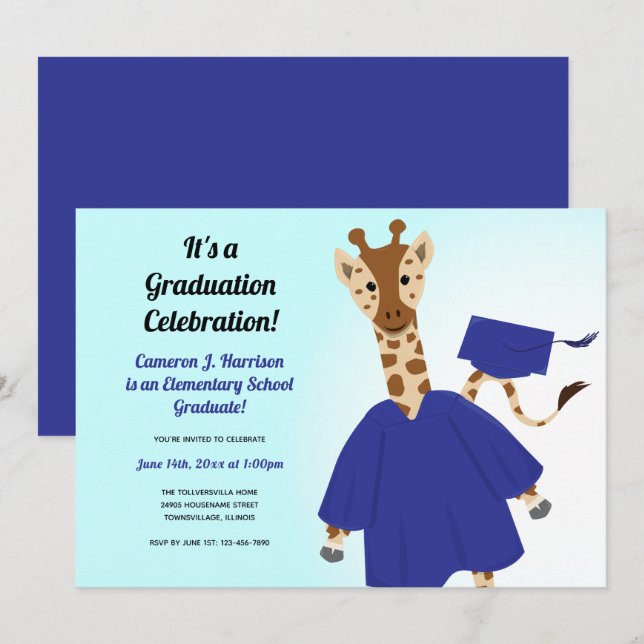 Giraffe Animal Blue Cap Gown Kid Graduation Invitation (Front/Back)
