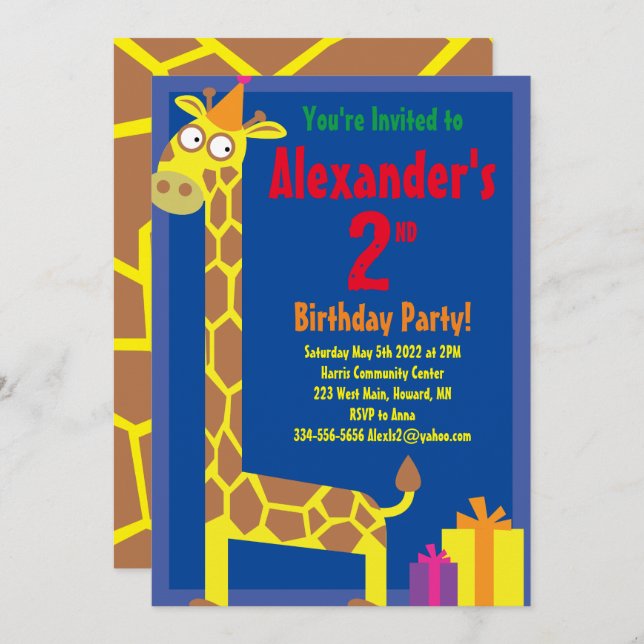 Giraffe Animal Kid's Birthday Party Invitations (Front/Back)